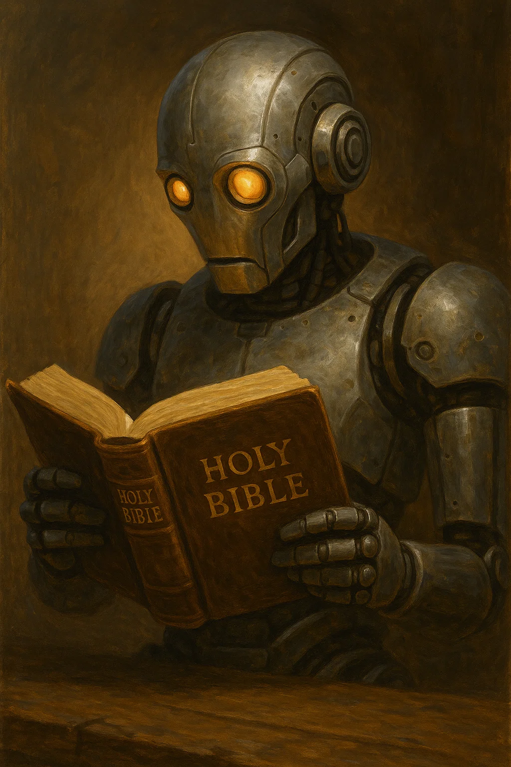 AI-powered Bible study with robot reading Holy Bible